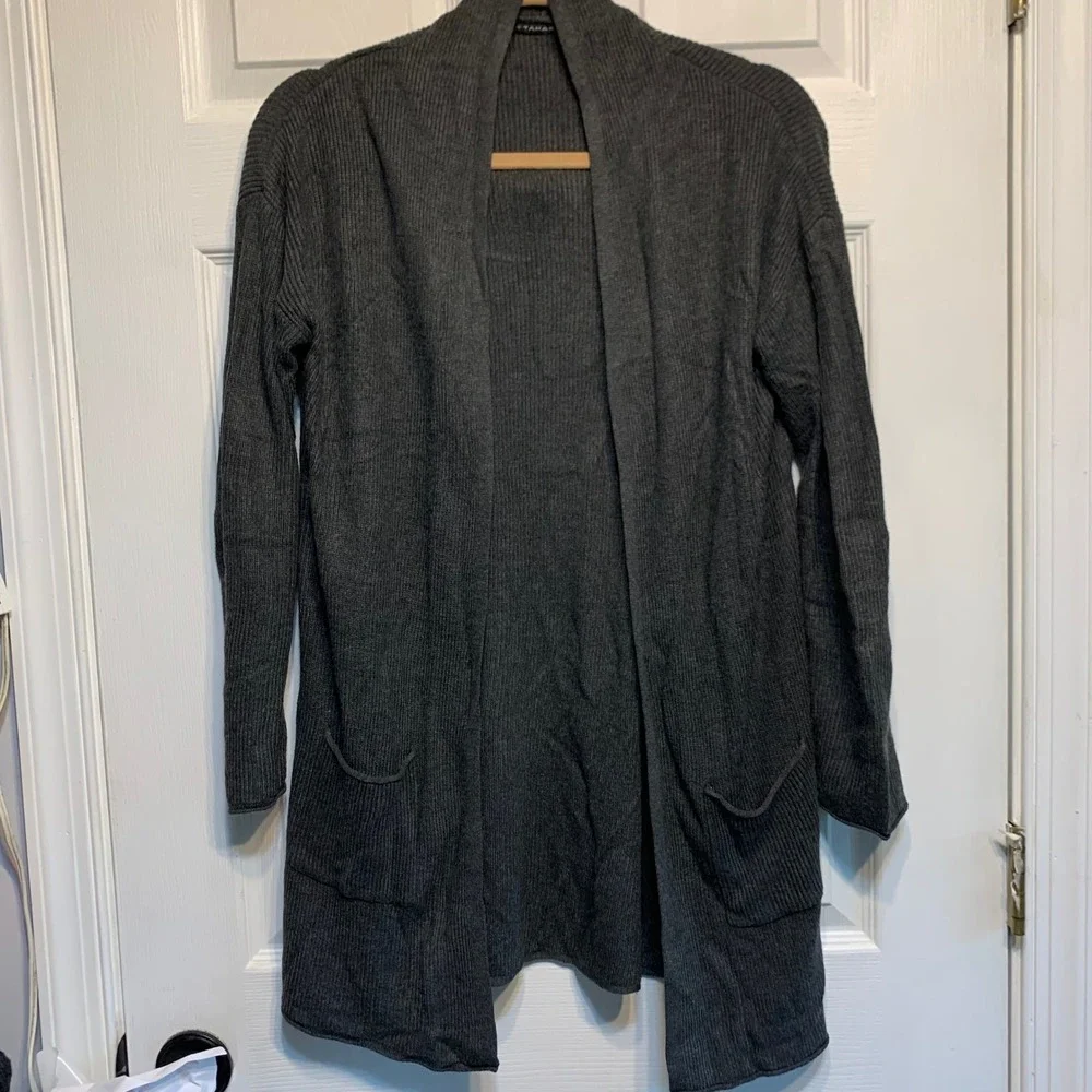 T Tahari Cardigan Sweater Small Gray Open Front Ribbed Cashmere Blend Longline
